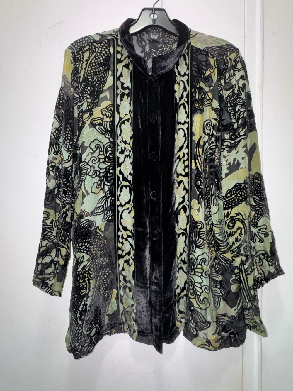 Citron Santa Monica Green Black Paisley Tunic Top Boho Blouse Dragon Burnout M